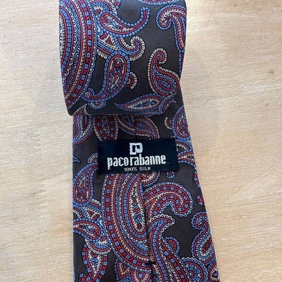 Paco Rabanne Paris Silk Brown Red Paisley Hand Made in Italy Tie - Picture 3 of 6